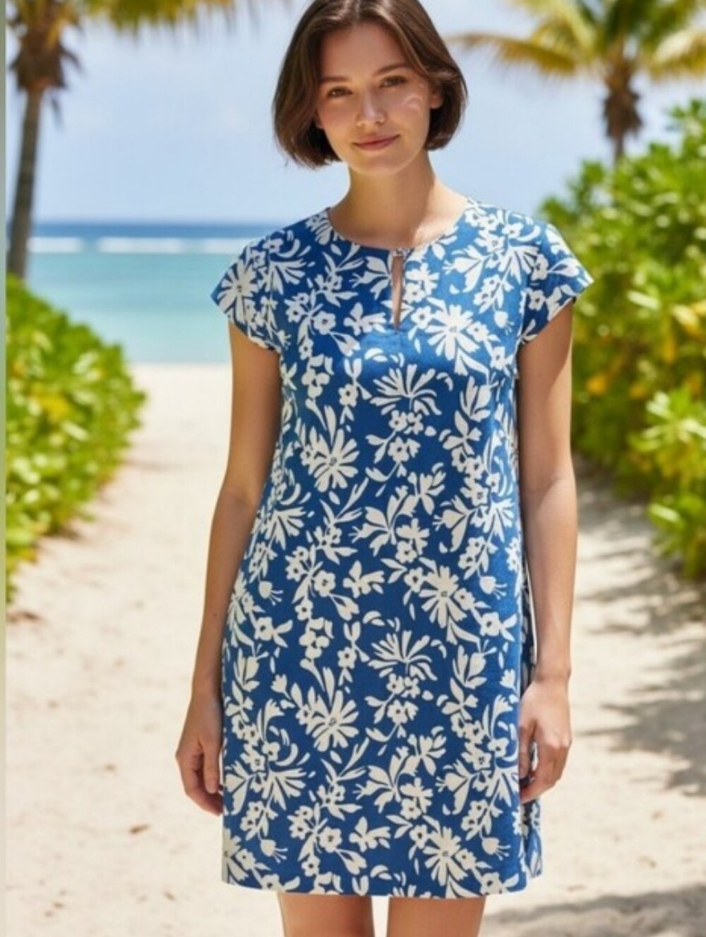 Three Islands Tropical Print Cotton Dress With Cap Sleeves